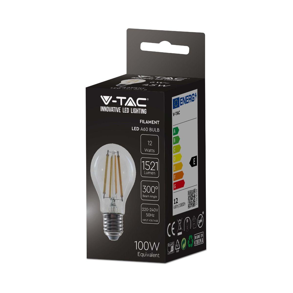 12W A70 Żarówka LED Filament, Klosz Transparentny, Barwa:3000K, Trzonek:E27, VTAC, SKU 217458