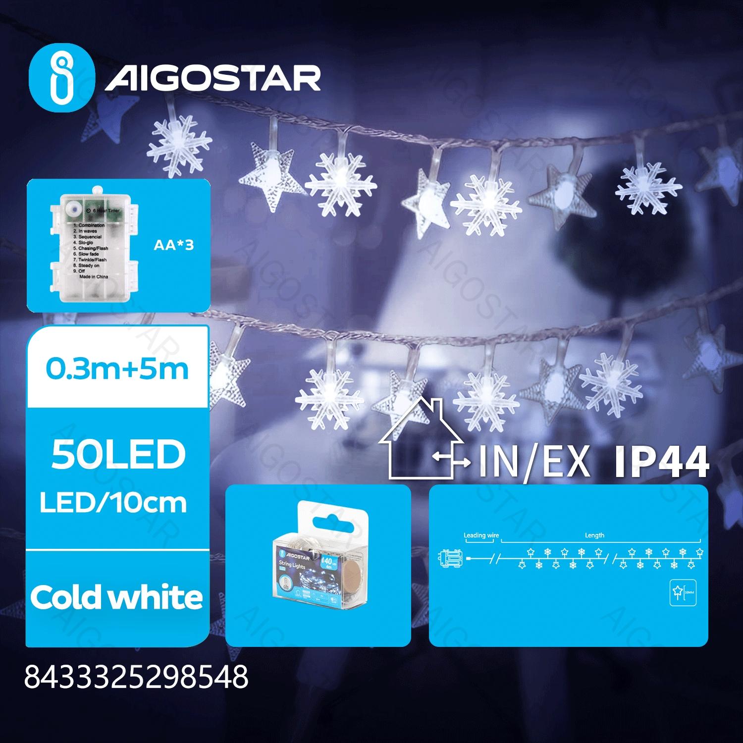 3AA battery star snowflake string lights, cold white, 5m