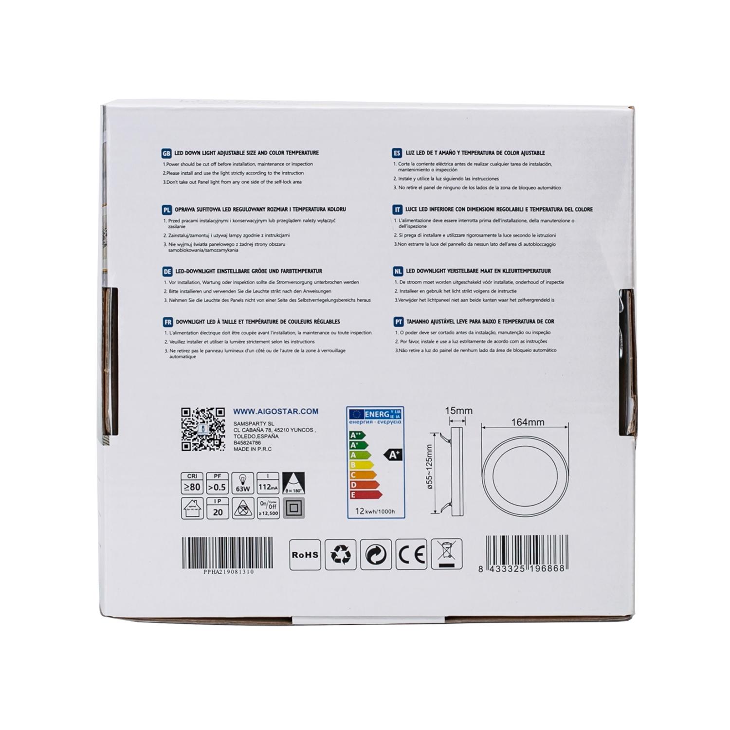 E6 LED Round Downlight 12W Adjustable Size and Color Temperature