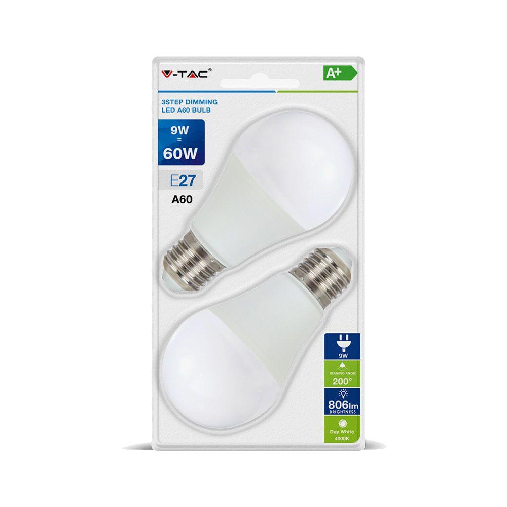 9W A60 Żarówka LED, Barwa:6400K, Ściemniana - 3 stopnie, Blister 2szt., Trzonek:E27, VTAC, SKU 7290