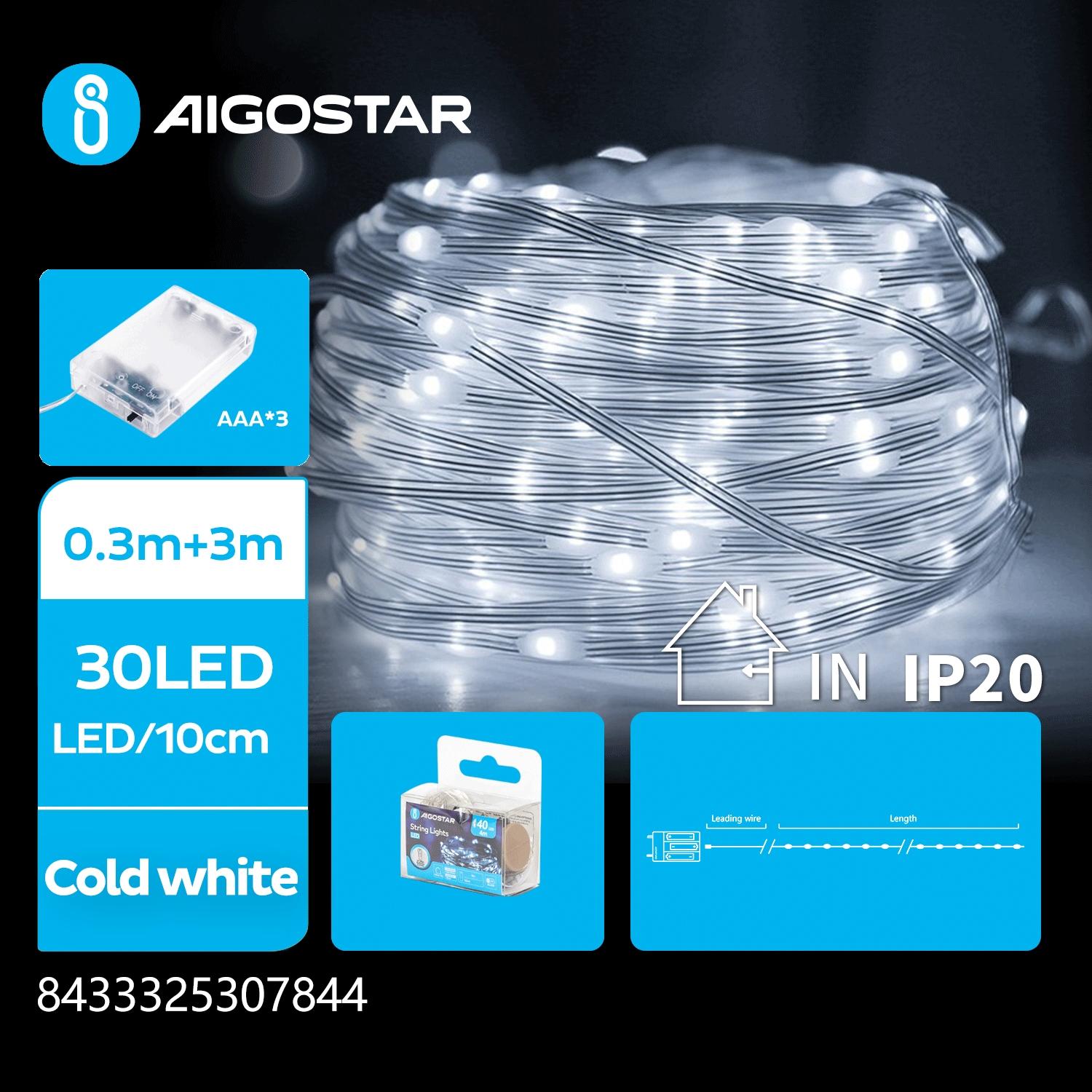 3AA battery string lights (PVC & copper), cold white, 3m