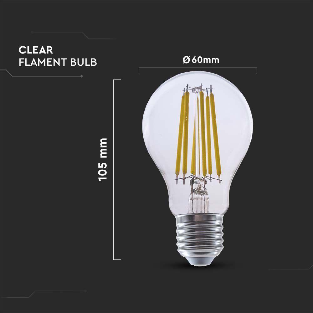 4W A60 Żarówka LED Filament, Klosz Transparentny, Barwa:4000K, Trzonek:E27, Skuteczność: 210lm/W, VTAC, SKU 2991