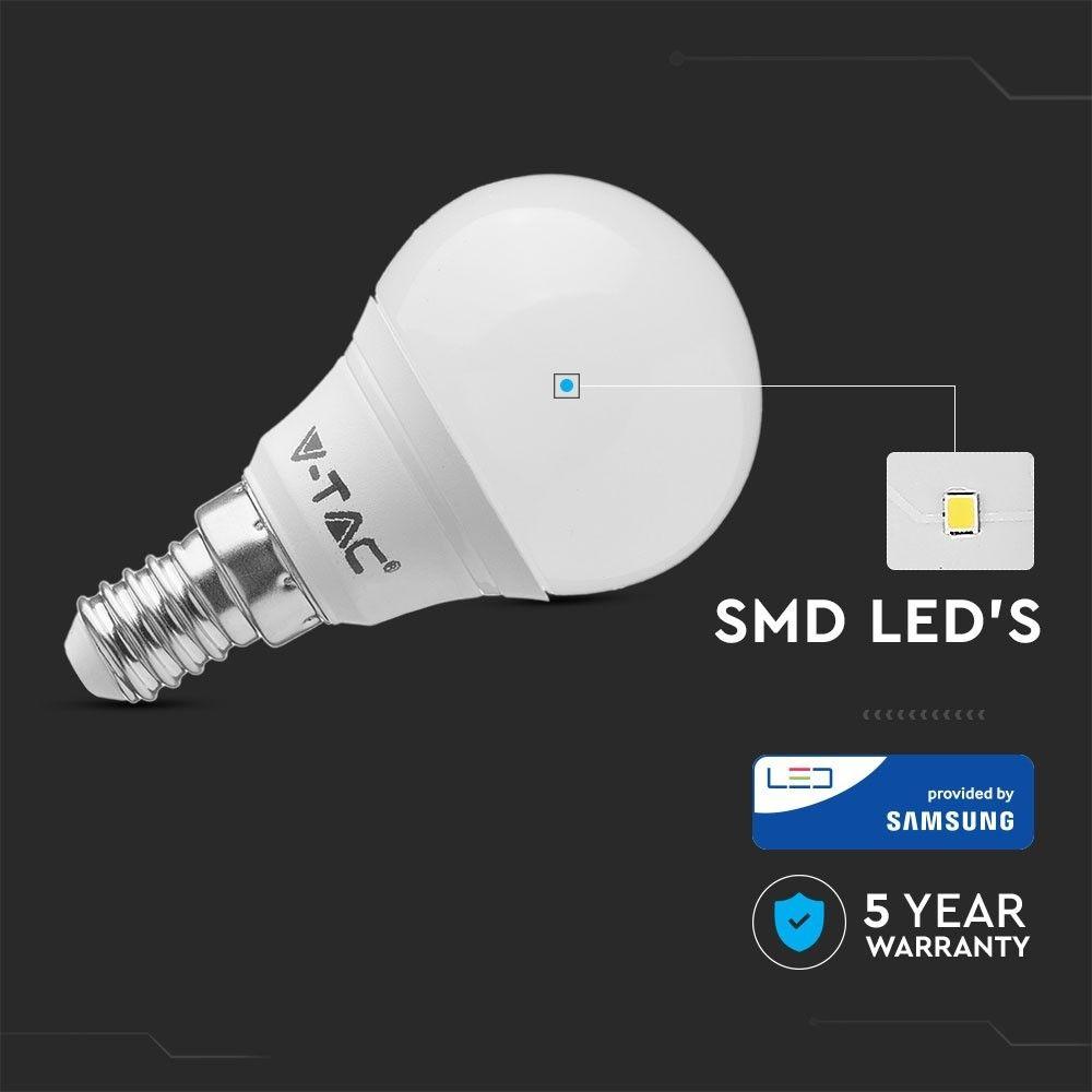 5.5W P45 Żarówka LED, Chip SAMSUNG, Barwa:3000K, Trzonek:E14, VTAC, SKU 856