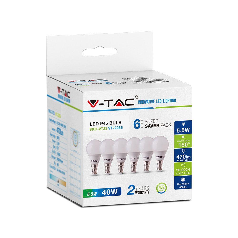 VT-2266 5.5W P45 LED PLASTIC BULB 4000K E14 6PCS/PACK