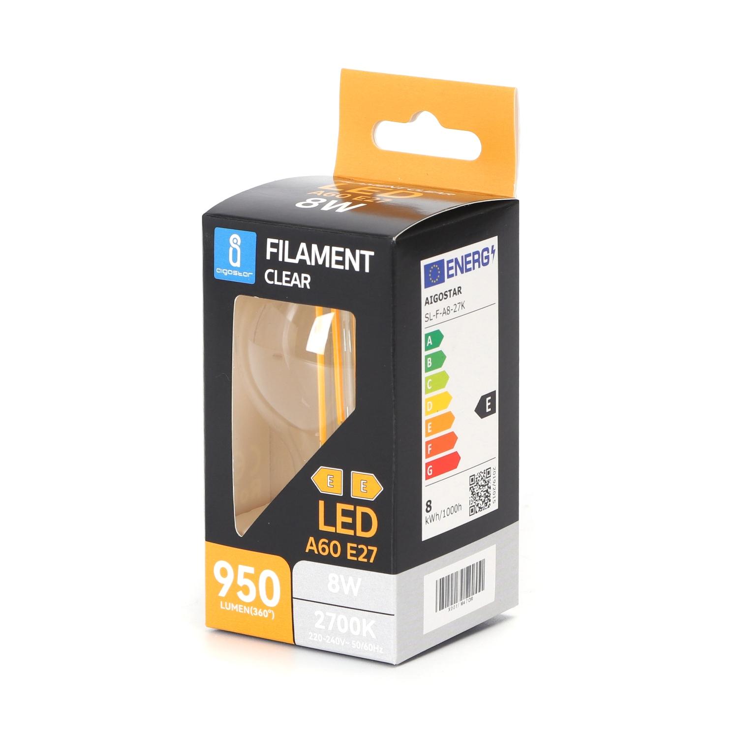 Żarówka LED Filament (Przezroczysta) A60 E27 8W(8W,E27,2700K,950lm)