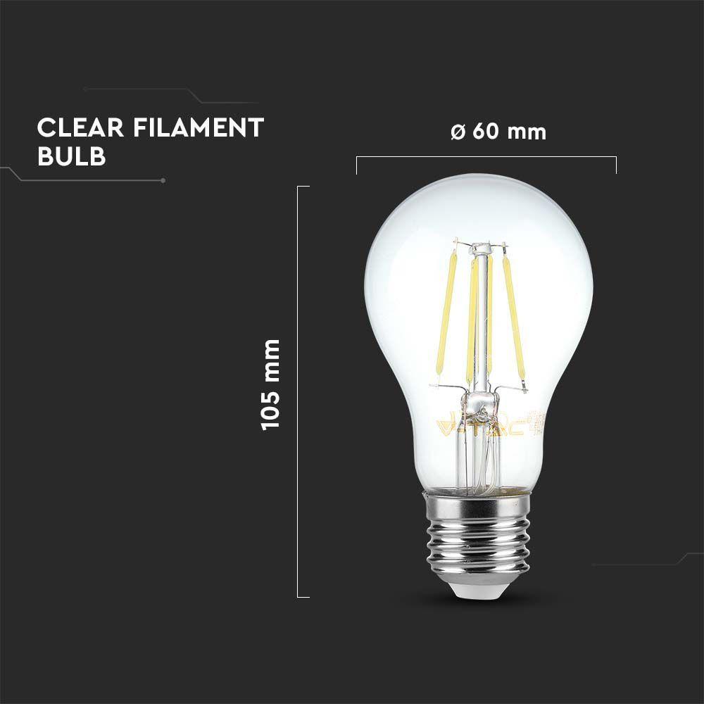 6W A60 Żarówka LED Filament, Klosz Transparentny, Barwa:4000K, Trzonek:E27, VTAC, SKU 214303