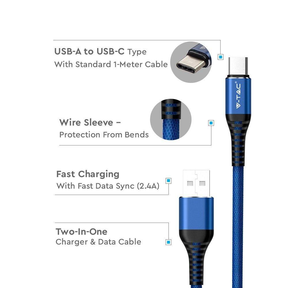 Przewód USB typ: C, 1m, Niebieski, VTAC, SKU 8633