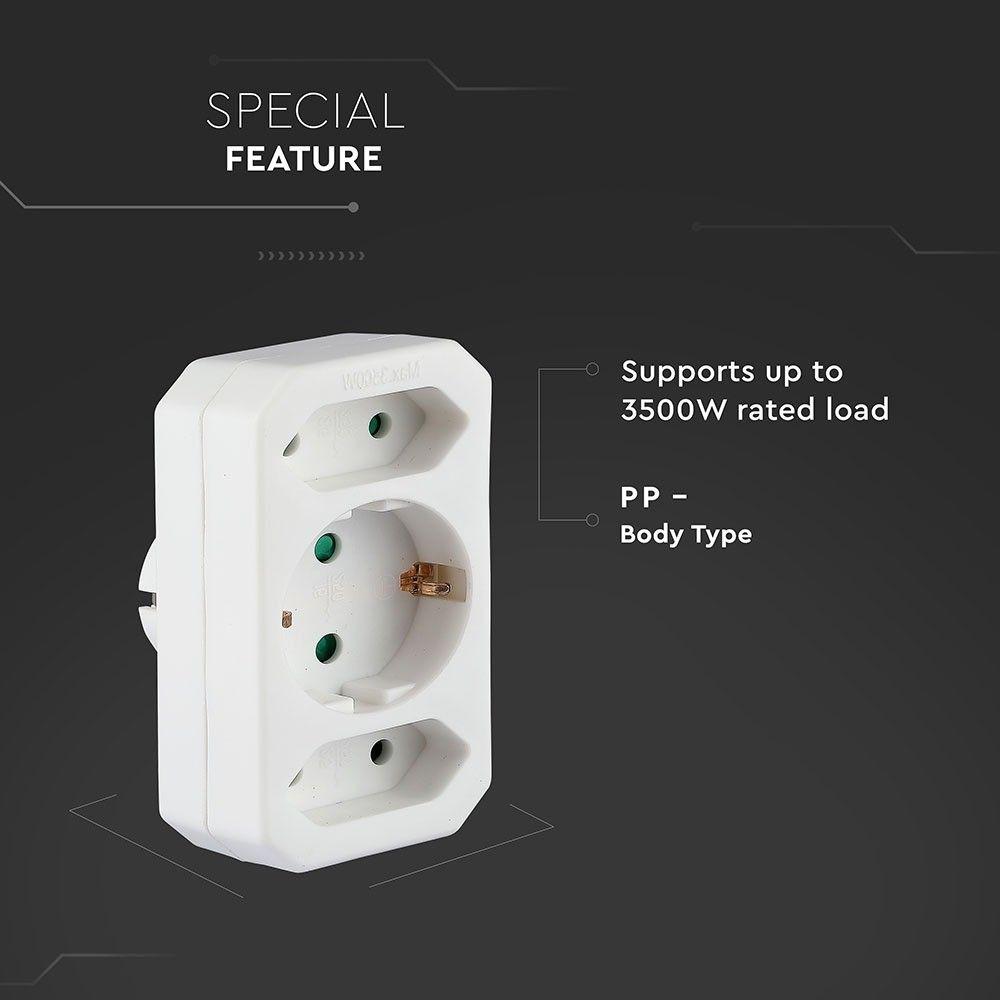 VT-1053 ADAPTER WITH 2 SOCKET (2.5A/16A) WITH EARTHING - WHITE