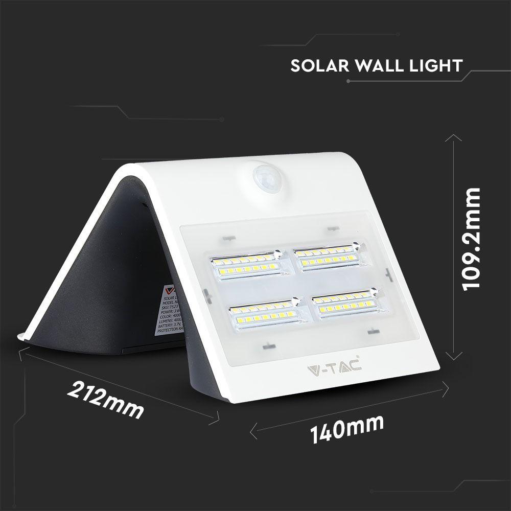 3W Lampa solarna ścienna, Trójkąt, Barwa:4000K+3000K, Obudowa: Biały + Czarny, VTAC, SKU 7523