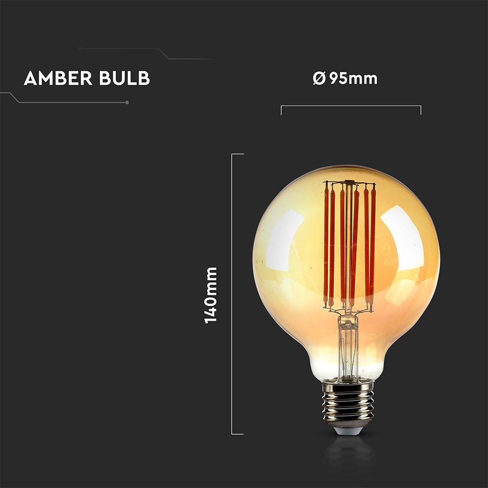 7W G95 Żarówka LED Filament, Klosz Bursztynowy, Barwa:2200K, Trzonek:E27, VTAC, SKU 217147