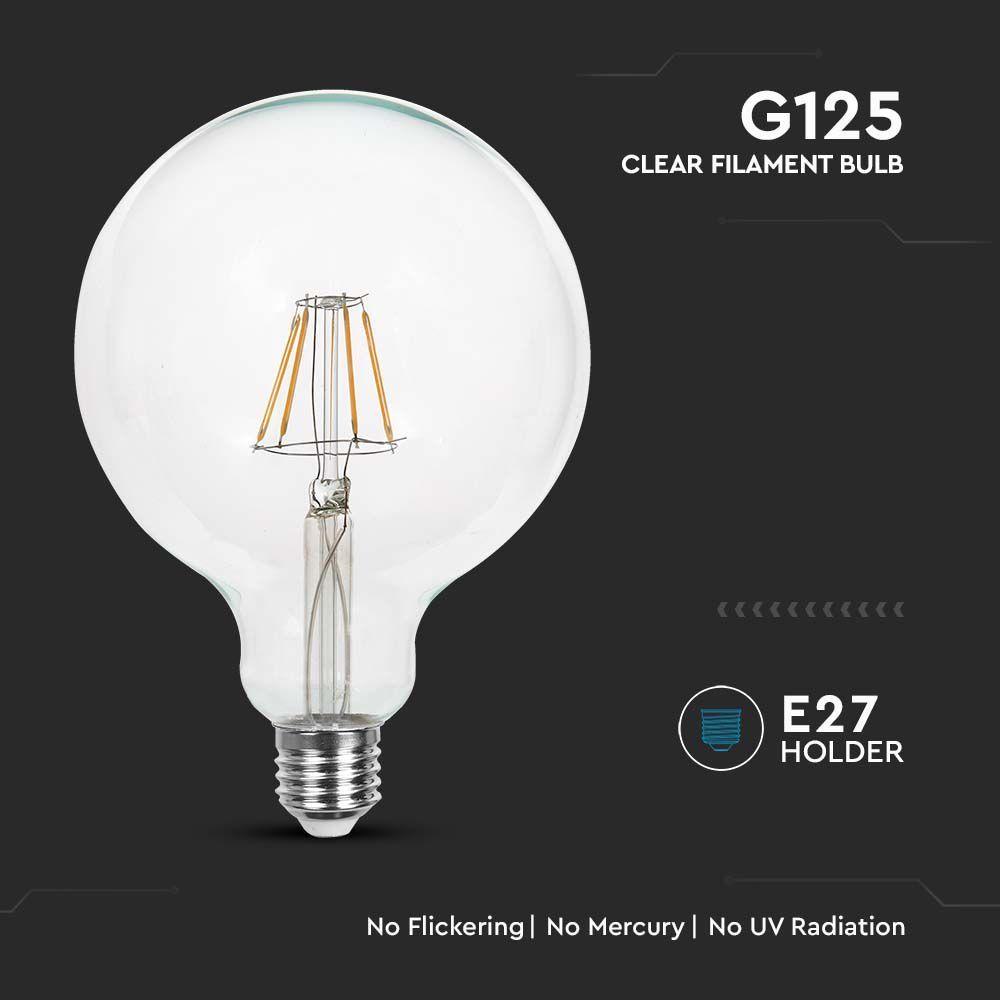 12W G125 Żarówka LED Filament, Klosz Transparentny, Barwa:3000K, Trzonek:E27, VTAC, SKU 217453