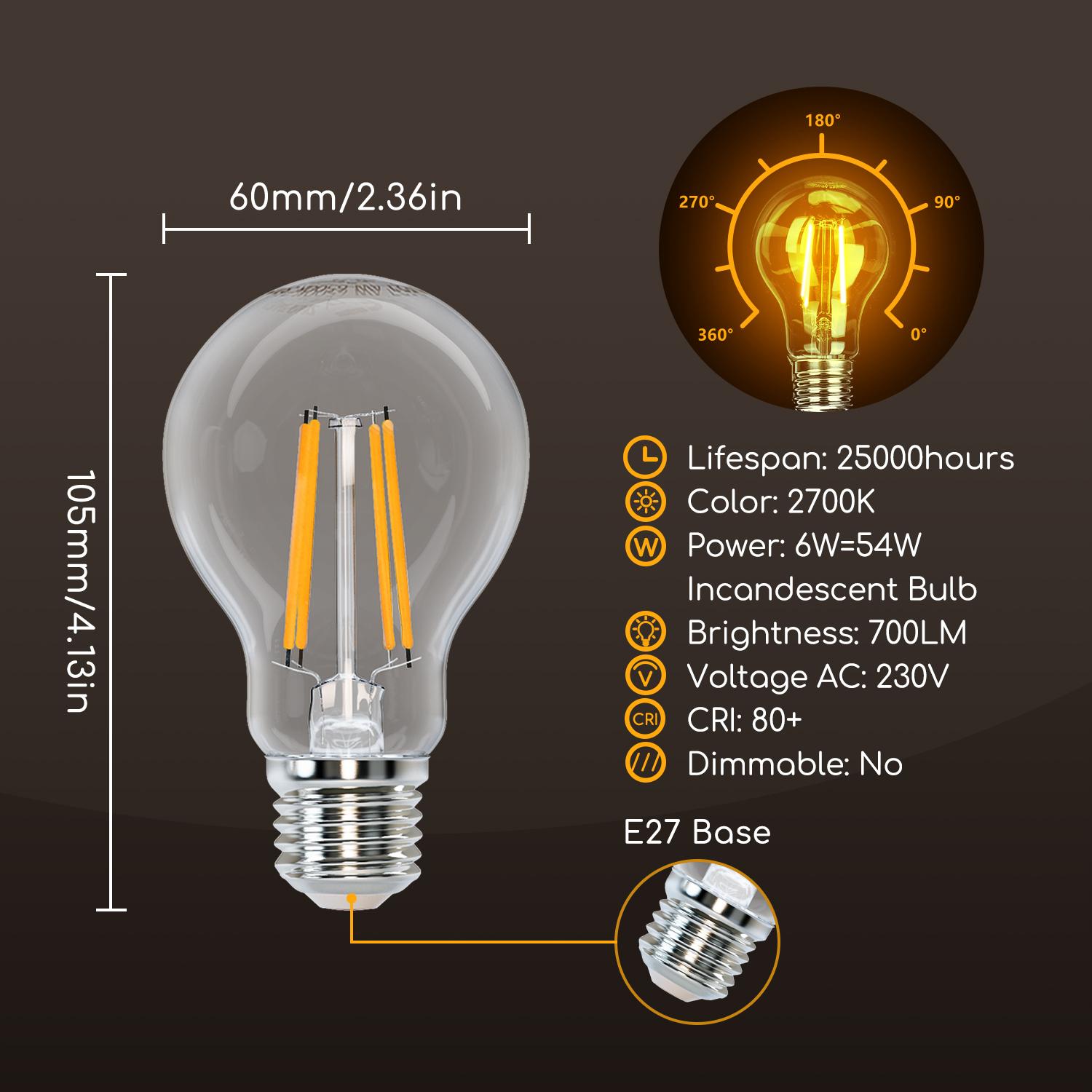 LED Filament Bulb (Clear) A60 E27 6W