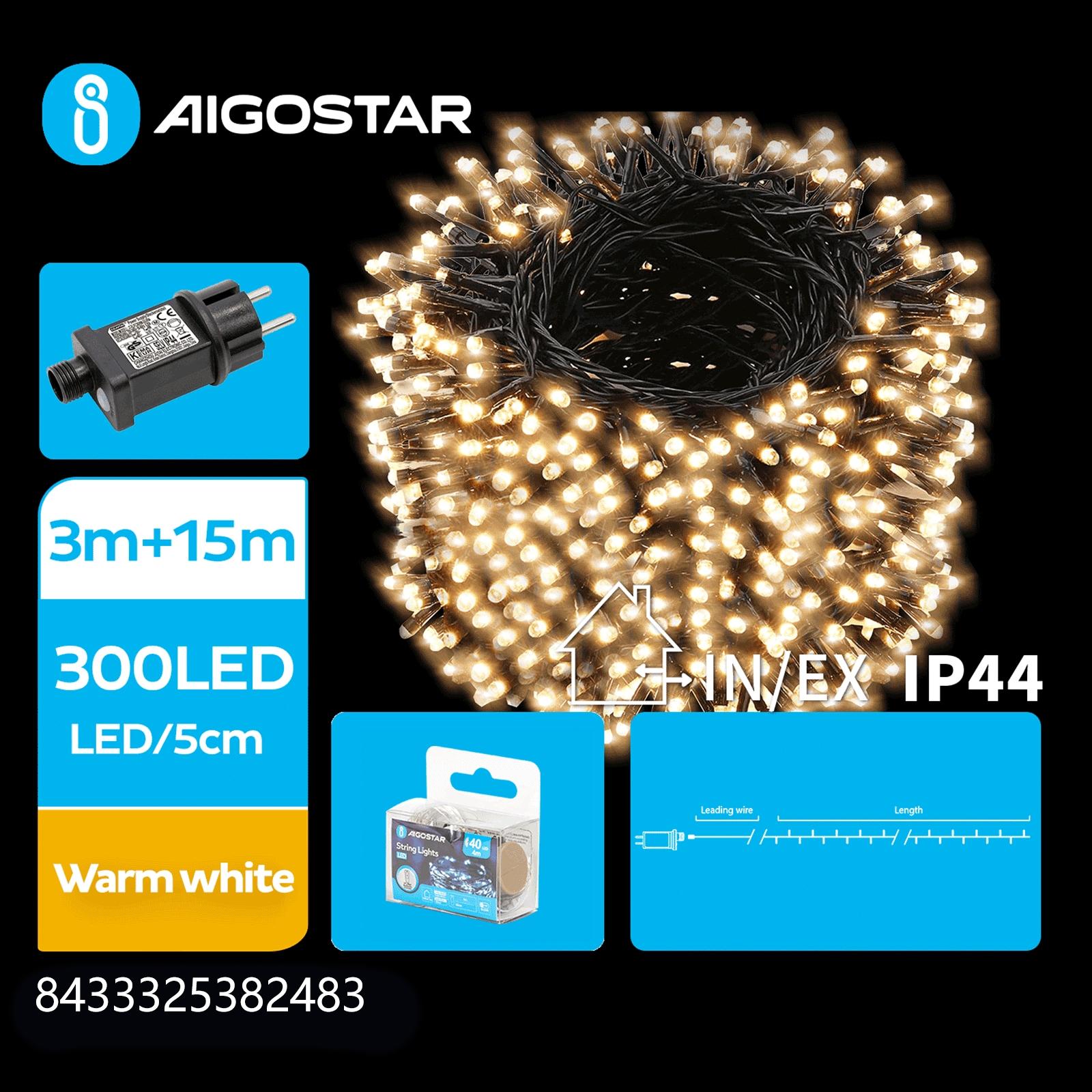 Low Voltage Flat String Lights-Warm White-3M+15M-300LED-5CM/LED-green black wire-8blink+time+IP44