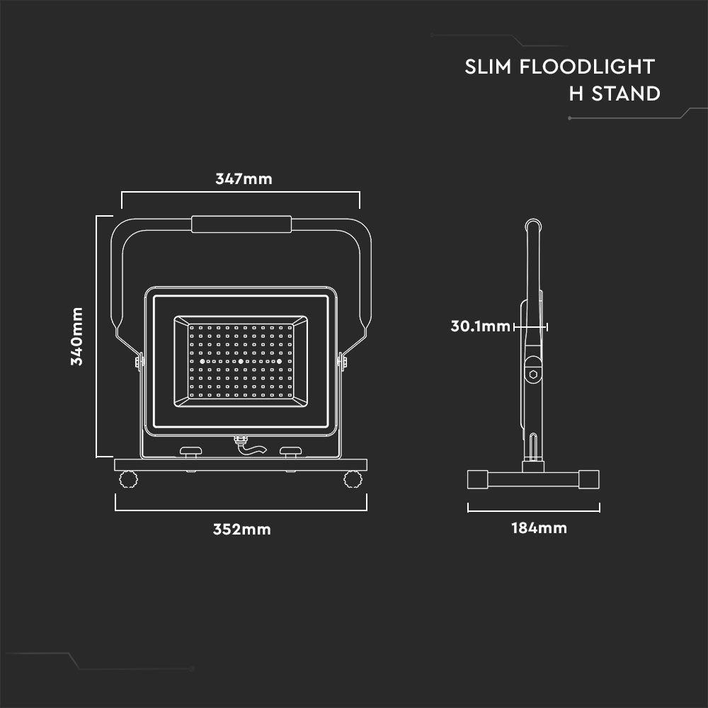 100W Floodlight on stand "H", SAMSUNG chip, Colour:6500K, Plug: EU, Cable: 3mb, VTAC, SKU 2120125