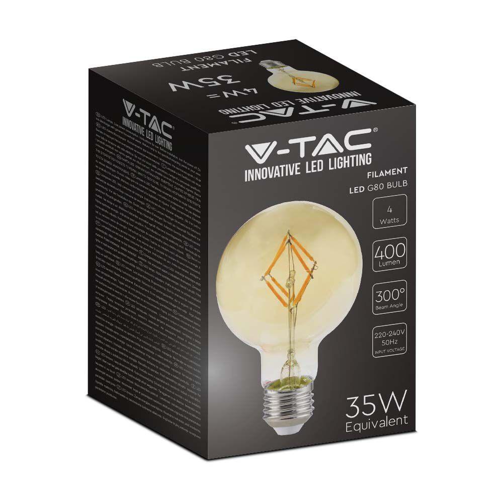 4W G80 Żarówka LED Filament, Klosz Bursztynowy, Barwa:2200K, Trzonek:E27, VTAC, SKU 217148