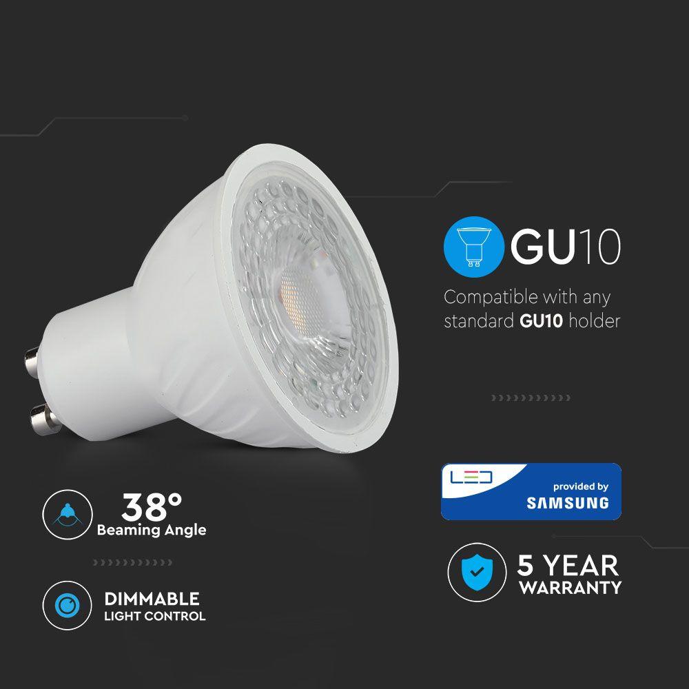 6.5W GU10 Żarówka LED, Chip SAMSUNG, Barwa:3000K, Kąt 38', Ściemniana, Trzonek:GU10, VTAC, SKU 195