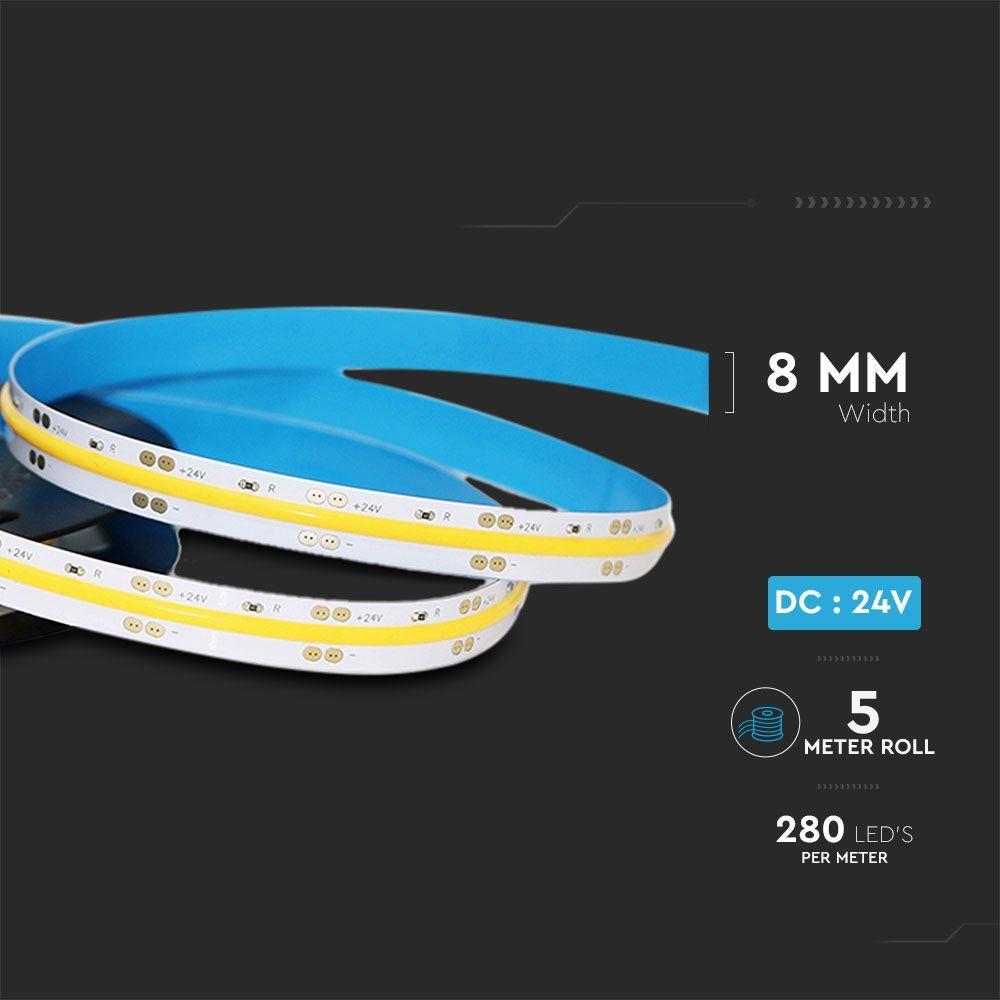 10W Taśma LED COB, Barwa:4000K, Zasilanie: 24V, IP20, Rolka:5m, VTAC, SKU 212653