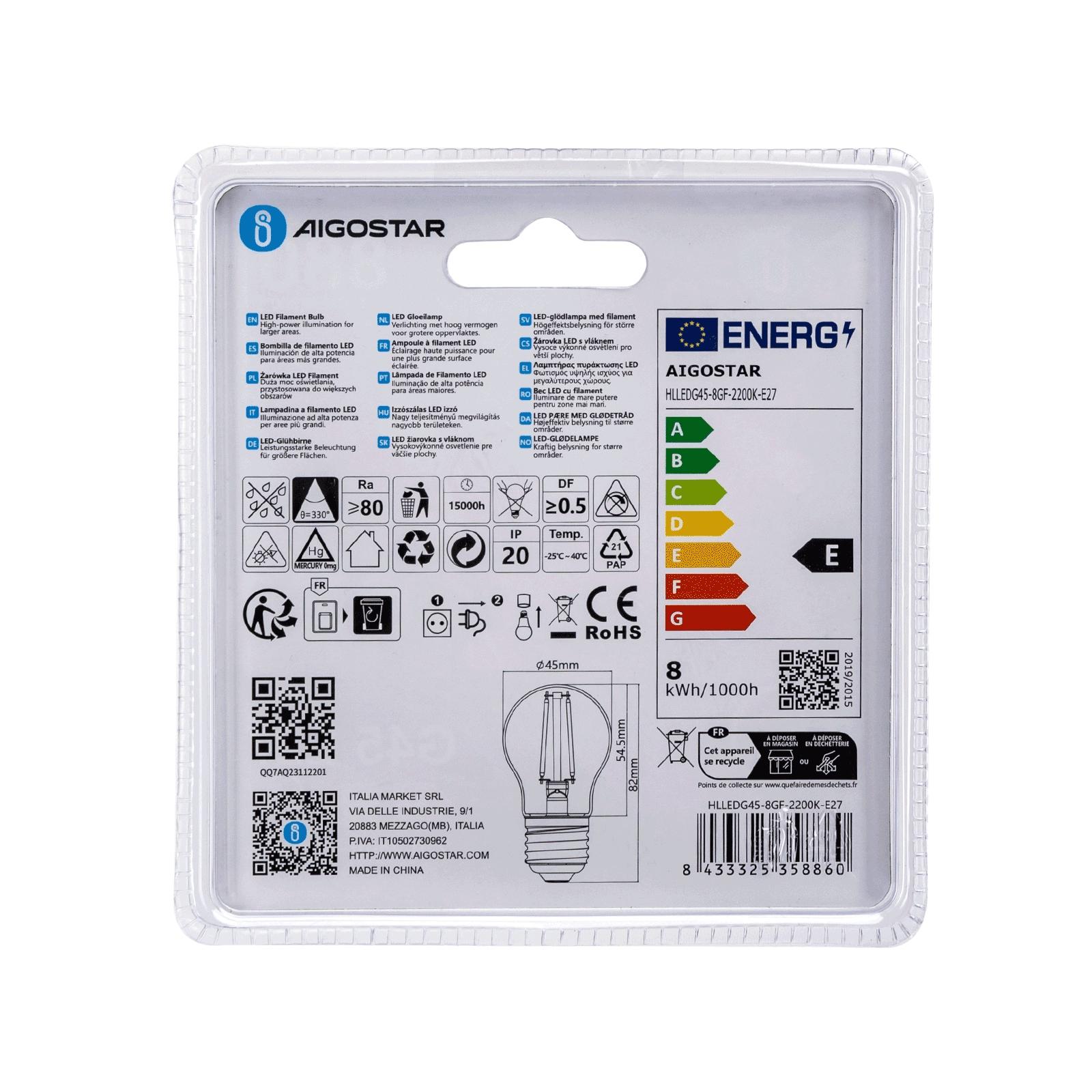 LED Filament Bulb (Amber) G45 E27 8W