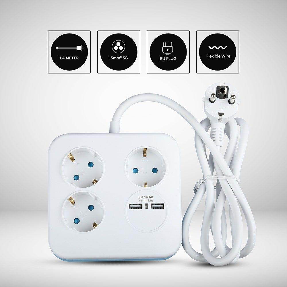 VT-1153-2 3WAYS SOCKET WITH USB(3G1.5MM2 X1.4M)-SQUARE