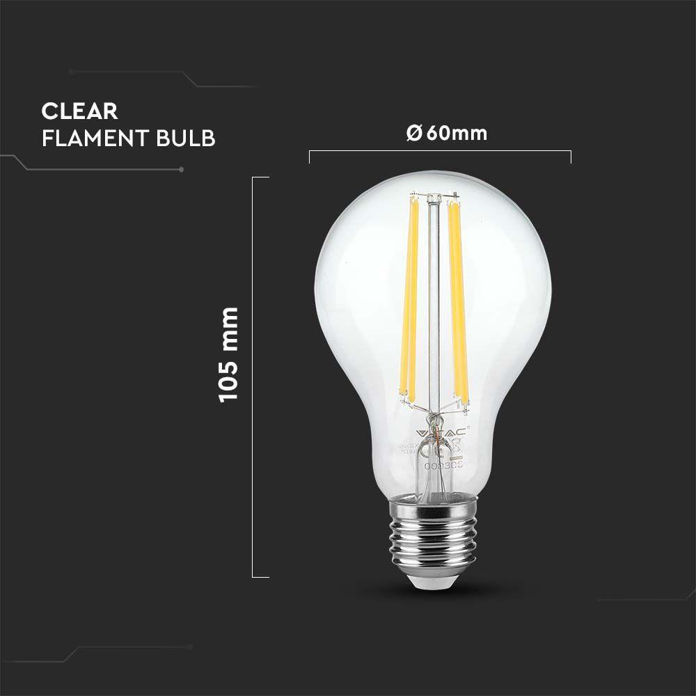 12W A70 Żarówka LED Filament, Klosz Transparentny, Barwa:3000K, Trzonek:E27, VTAC, SKU 217458