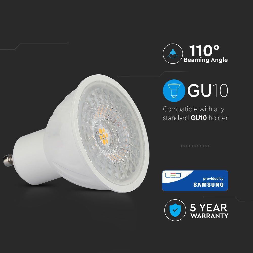 6.5W GU10 Żarówka LED, Chip SAMSUNG, Barwa:6400K, Kąt 110', Trzonek:GU10, VTAC, SKU 194