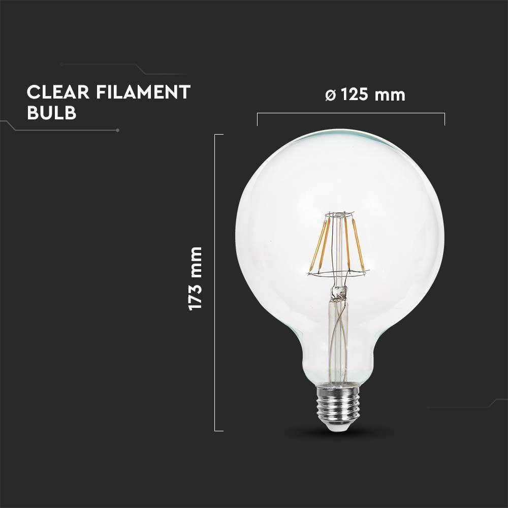 6W G125 Żarówka LED Filament, Klosz Transparentny, Barwa:3000K, Trzonek:E27, VTAC, SKU 214304