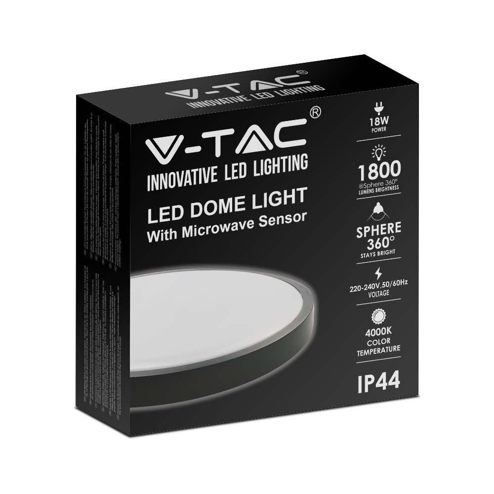 18W Plafon LED z mikrofalowym czujnikiem ruchu, Średnica: 225mm, Barwa:4000K, Klosz: Okrągły mleczny czarna ramka, IP44, VTAC, SKU 7669