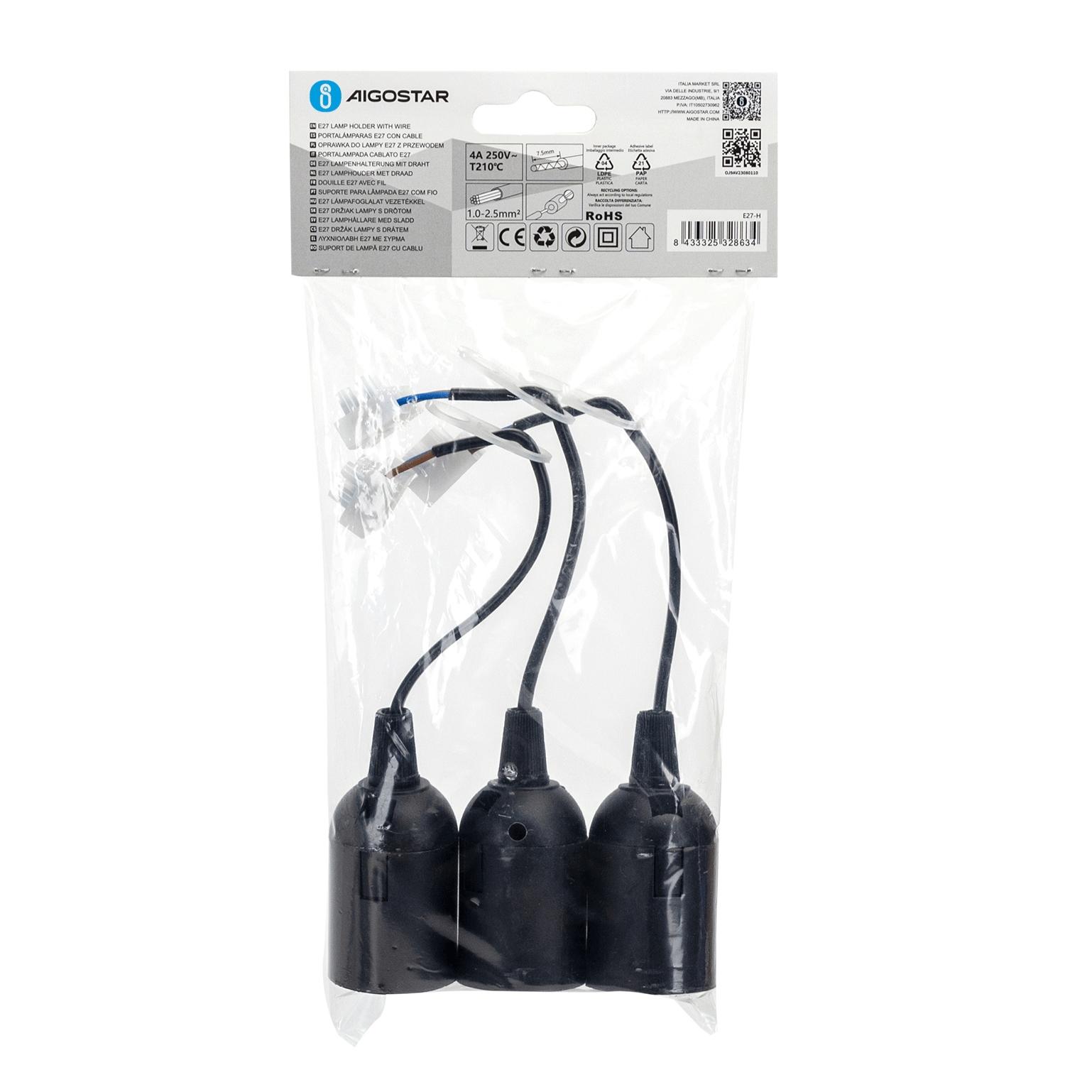 E27 plastic lamp holder with wiring terminal black 3pcs