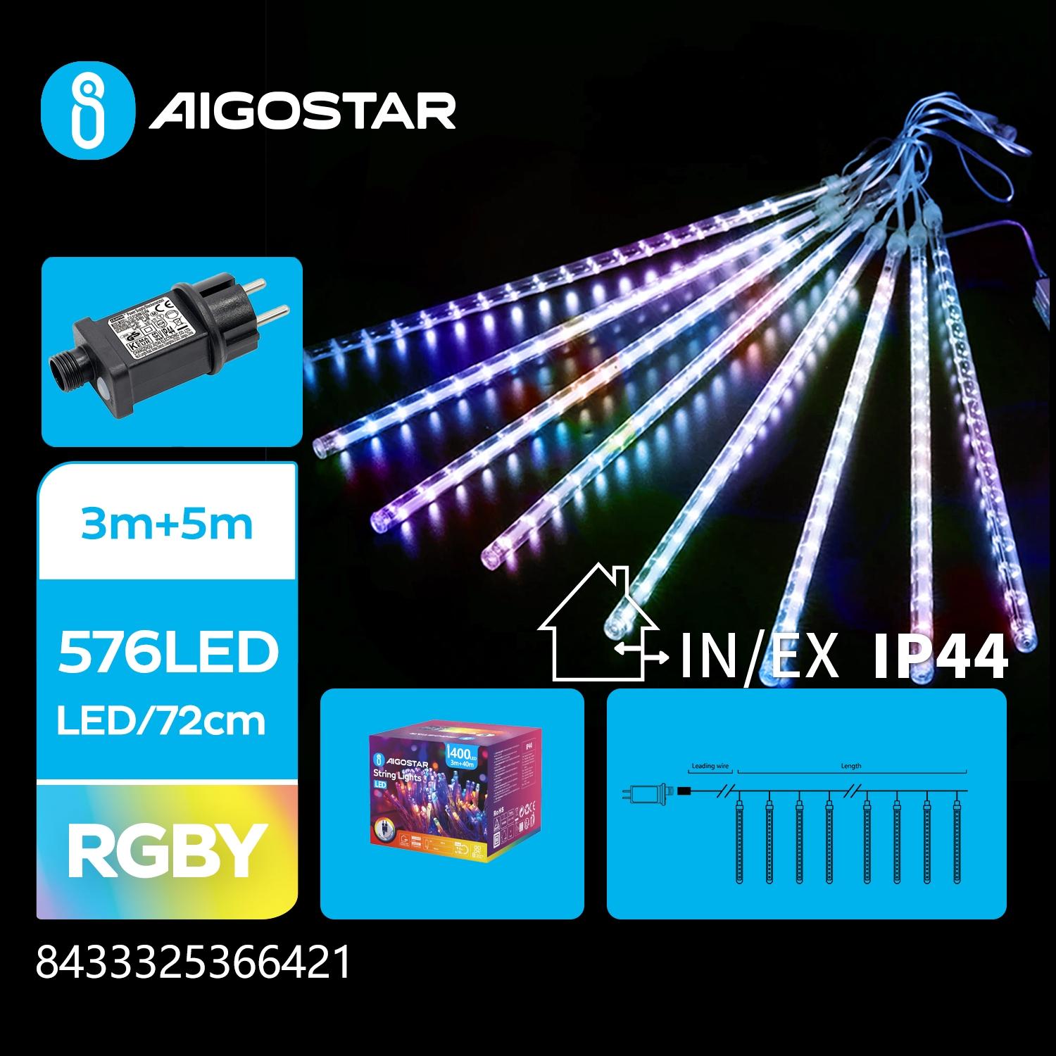 Low voltage 80cm- meteor shower string lights, RGBY, 3m+5m, 8strips