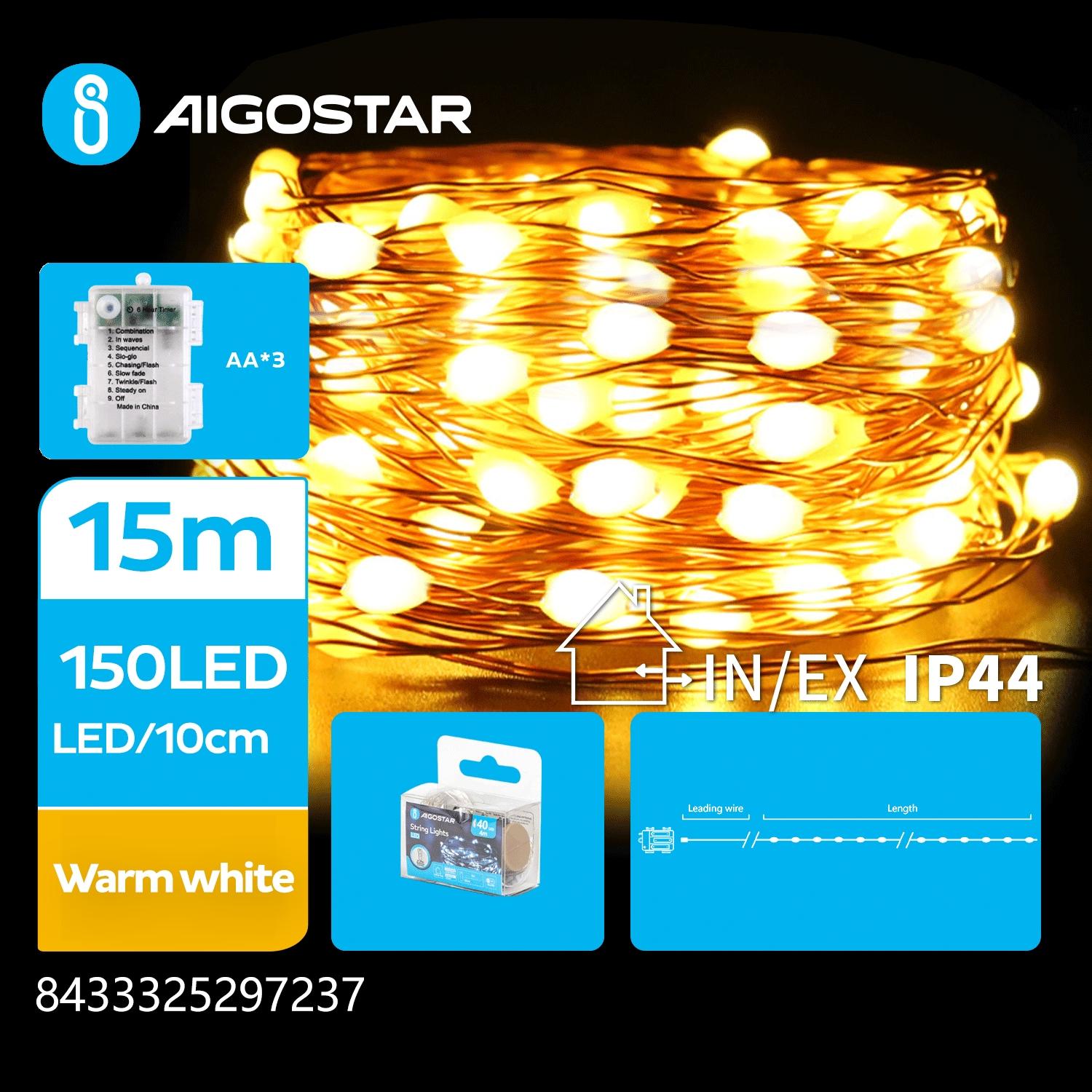 3AA battery copper wire string lights, warm white, 15m