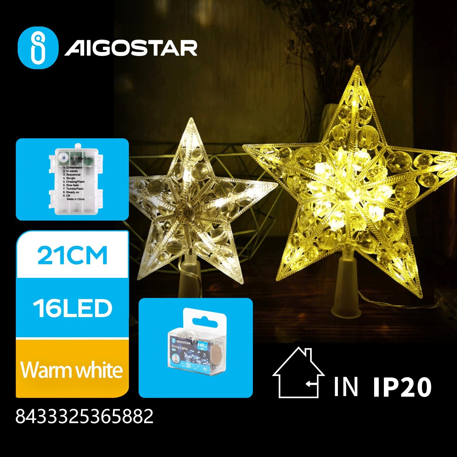 3AA Battery String Lights-21CM treetop star-Warm White-16LED-transparent wire-ON/OFF/blinkIP20