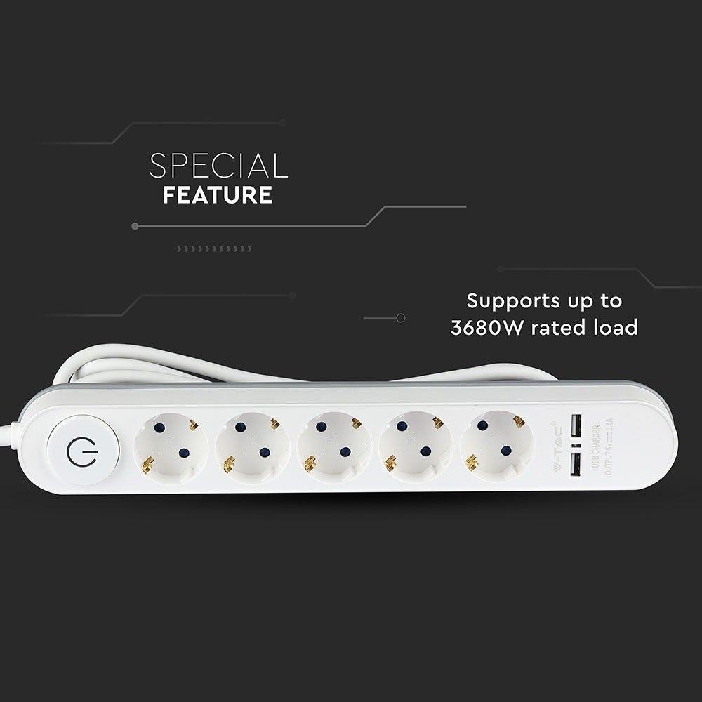 VT-1115-3 5 WAYS SOCKET WITH 2 USB PORTS(3G1.5MMX3M)-WHITE