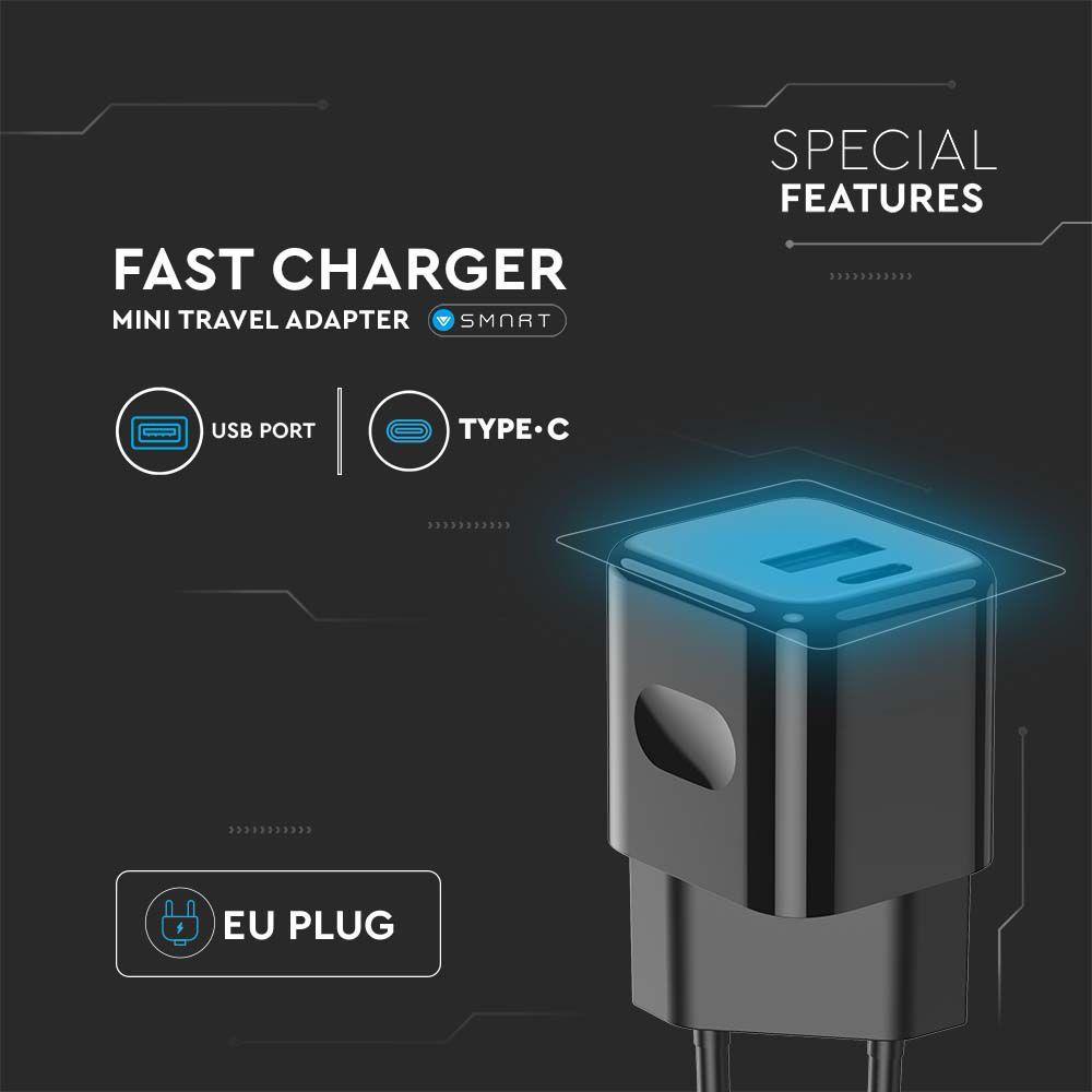 Ładowarka Sieciowa Fast Charger USB + USB C, 20W, Power Delivery, Wtyczka EU, Czarna, VTAC, SKU 6677