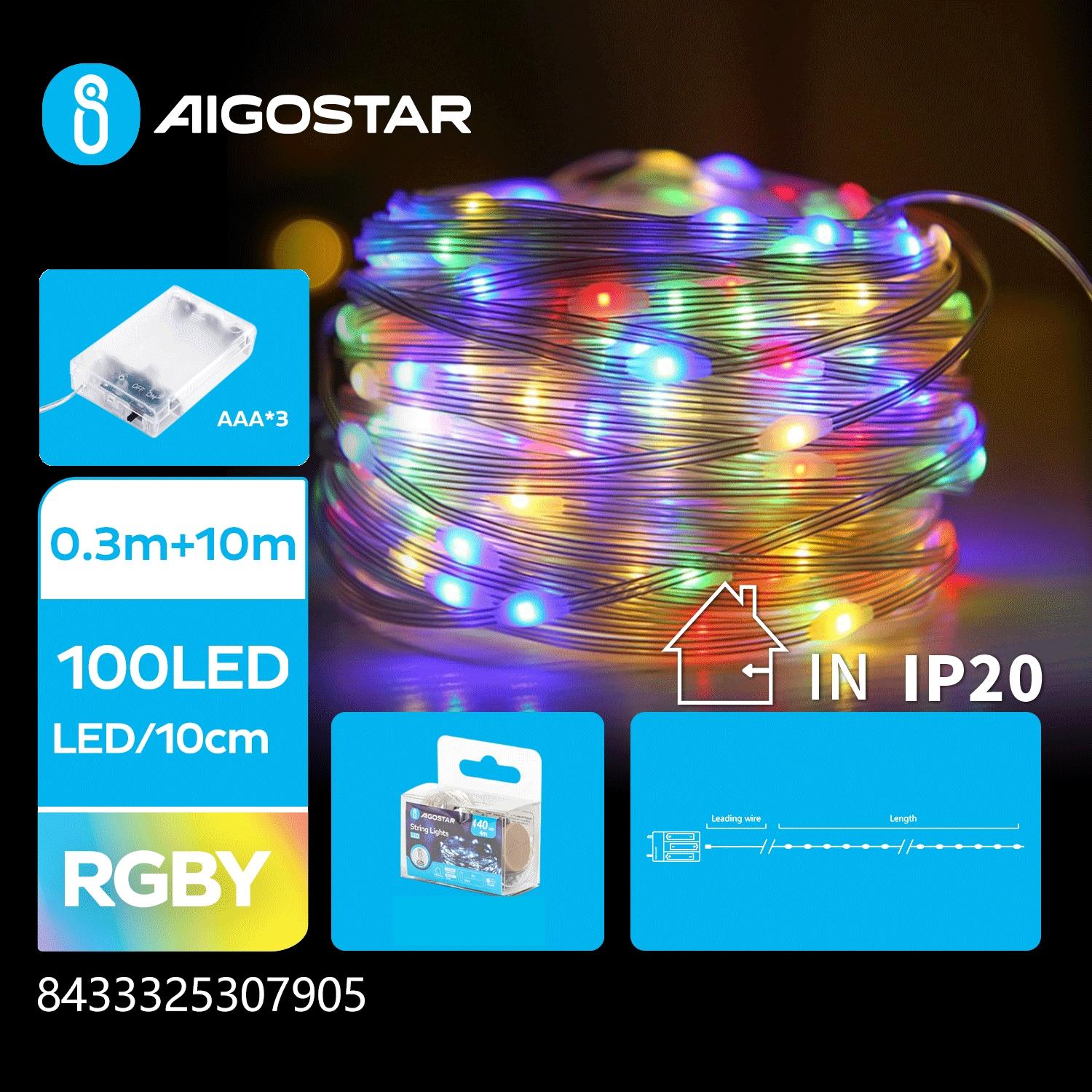 3AA battery string lights (PVC & copper), RGBY, 10m