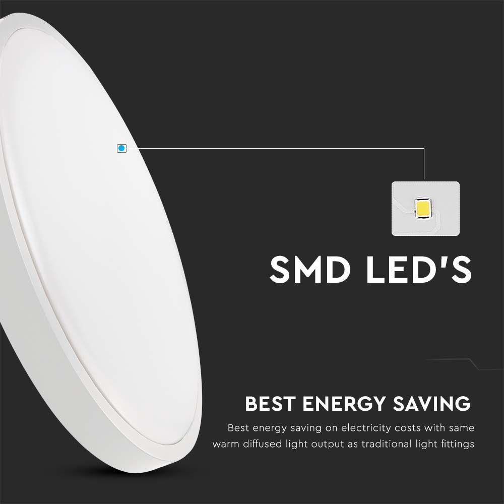 30W Plafon LED, Średnica: 420mm, Barwa:3000K, Klosz: Okrągły mleczny biała ramka, IP44, VTAC, SKU 7621