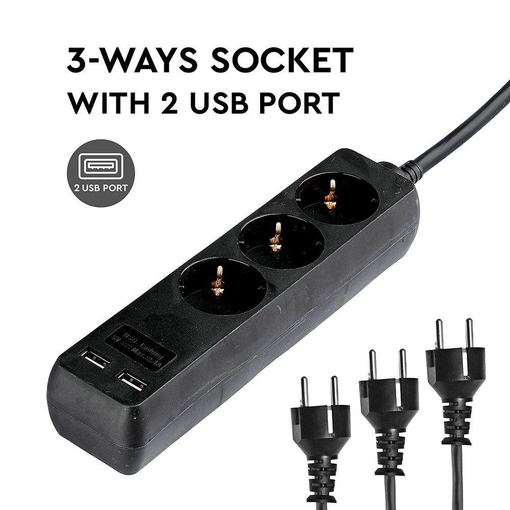 VT-1125-5 3WAYS SOCKET WITH 2USB(3G1.5MM2 X5M)-BLACK