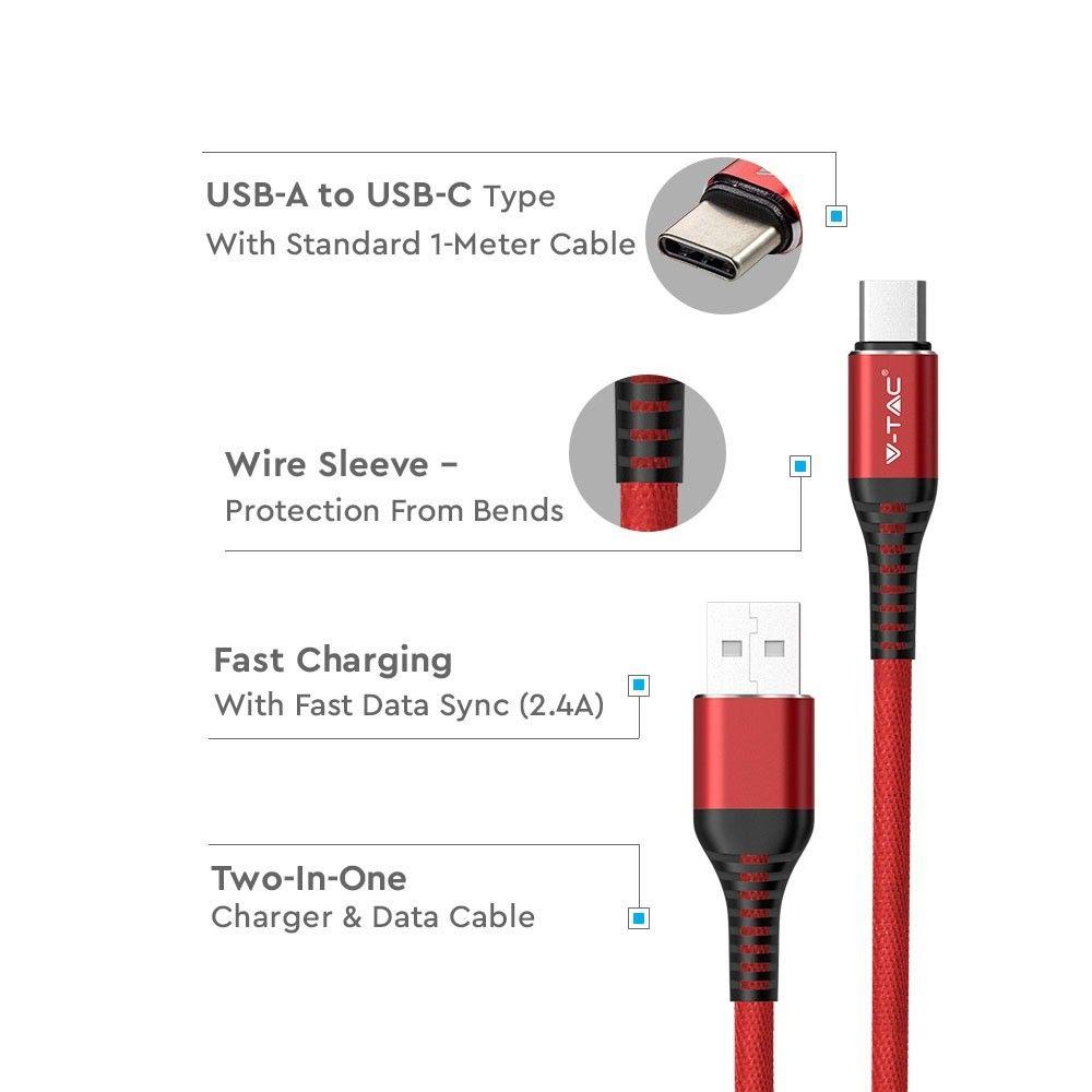 VT-5352 1M TYPE-C USB BRAIDED CABLE-RED(GOLD SERIES)