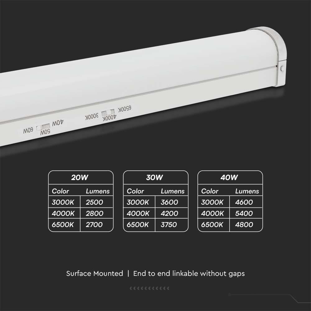 VT-4004E 20W/30W/40W LED BATTEN FITTING EMERGENCY BATTERY 4FT SAMSUNG CHIP CCT 3IN1 135LM/W