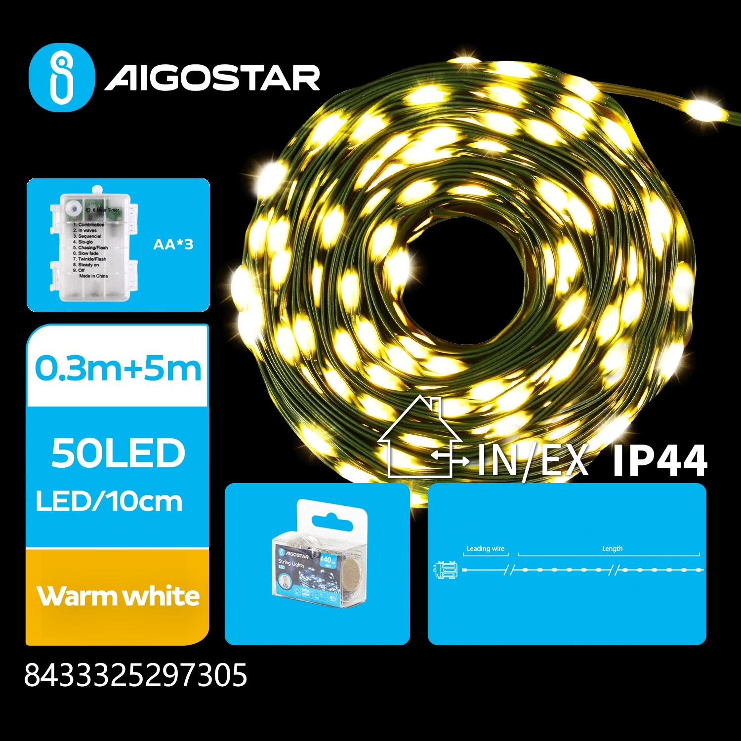 3AA battery string lights (PVC & copper), warm white, 5m