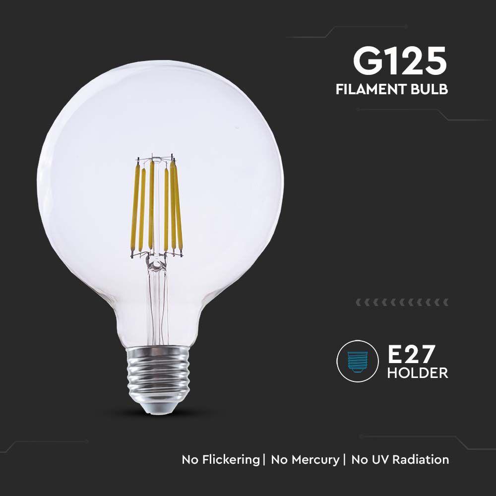 4W G125 Żarówka LED Filament, Klosz Transparentny, Barwa:4000K, Trzonek:E27, Skuteczność: 210lm/W, VTAC, SKU 2993