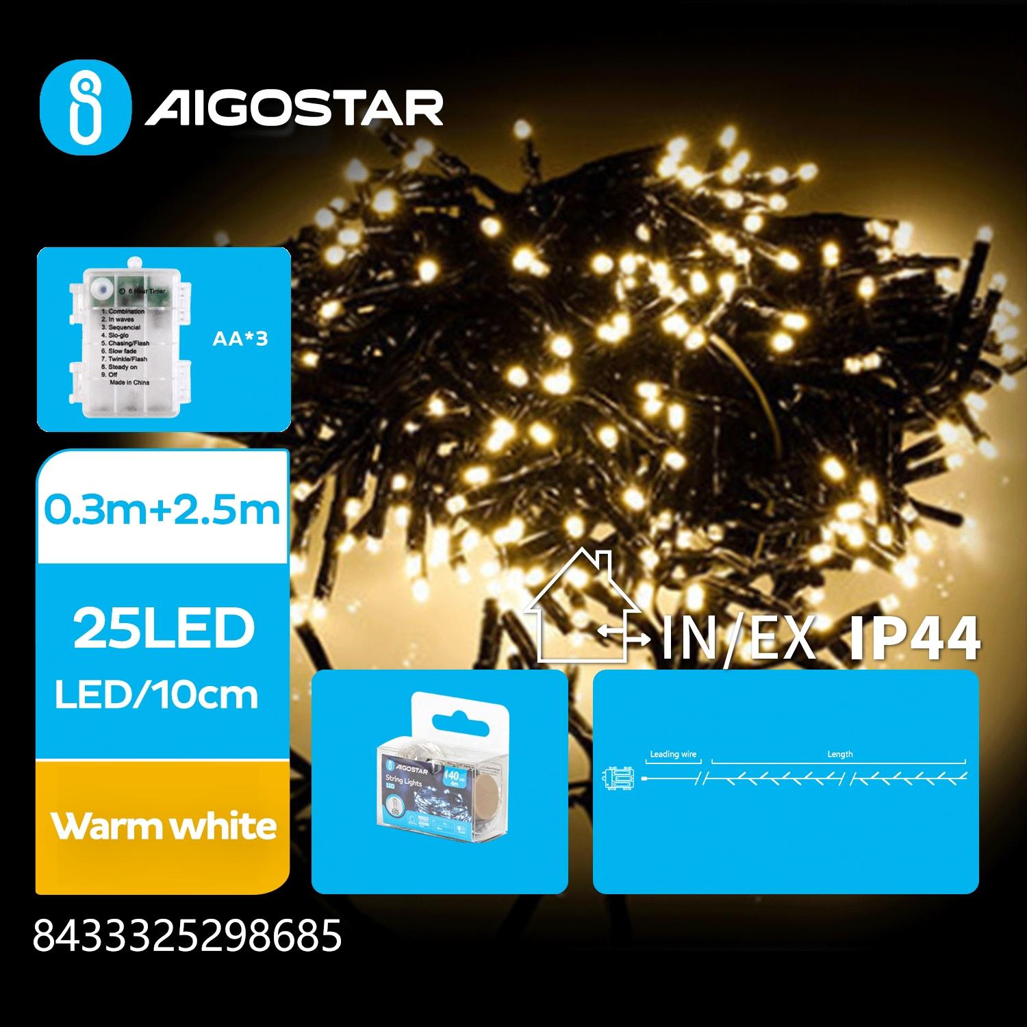 3AA battery firecracker string lights, warm white, 2.5m