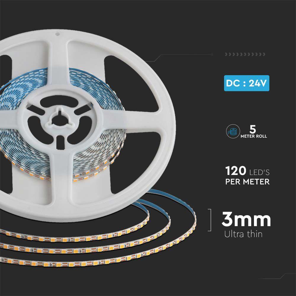 8W Taśma LED podwójne PCB, Barwa:6500K, IP20, Zasilanie: 24V, Rolka:5m, Szerokość: 3mm, VTAC, SKU 23026