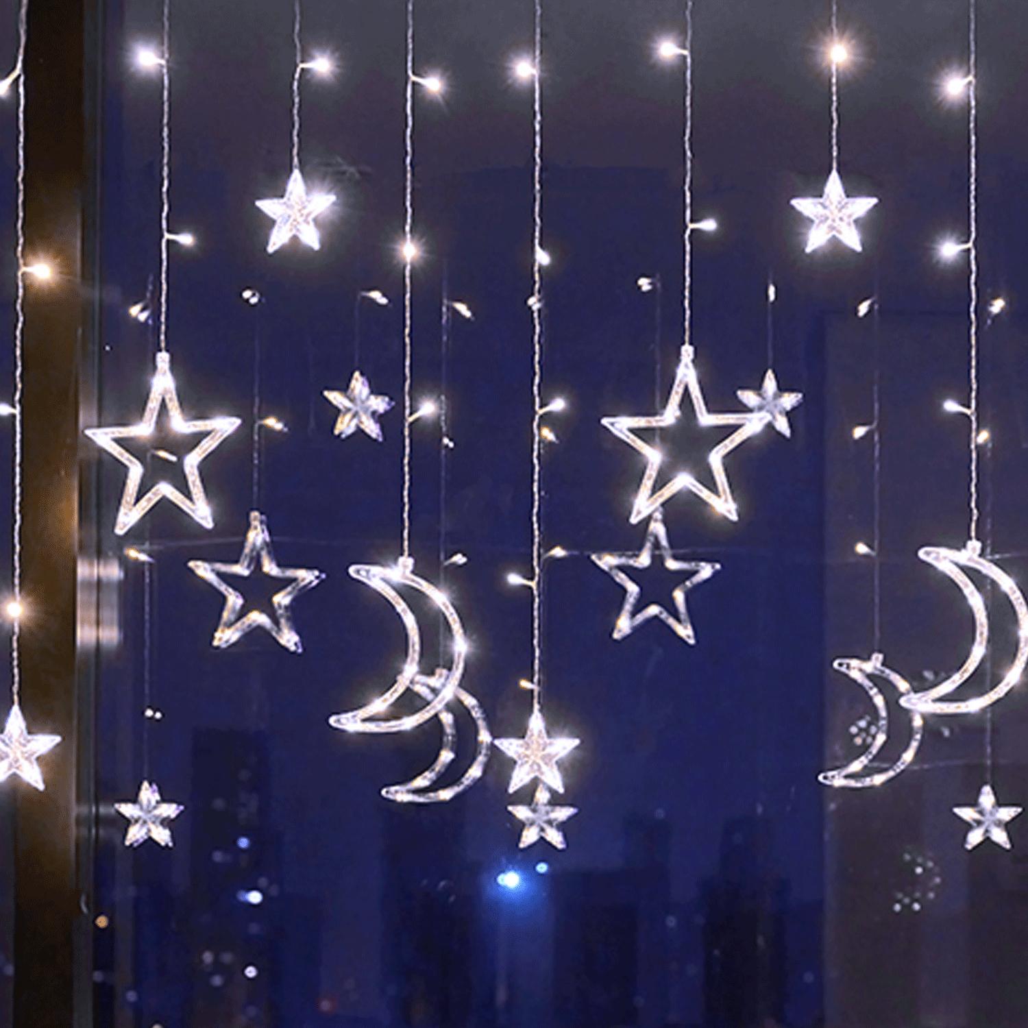 Tandem curtain Solar Icicle(Wave) Flat String Lights star and moon pendant-Cool White-3M+3M*0.6M-120LED-12string 60.50.30-transparent wire-8blink+time with control+IP44