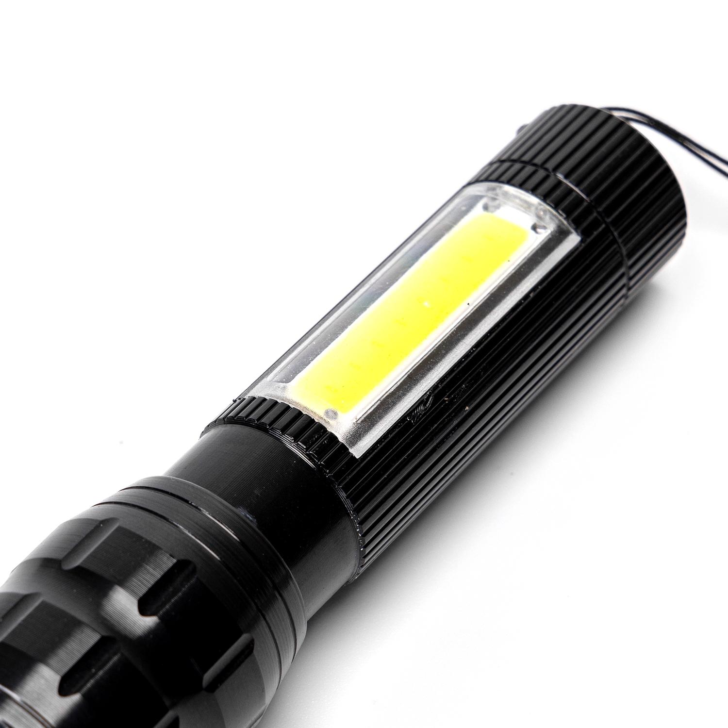 Torch with side light adjustable focus rechargeable