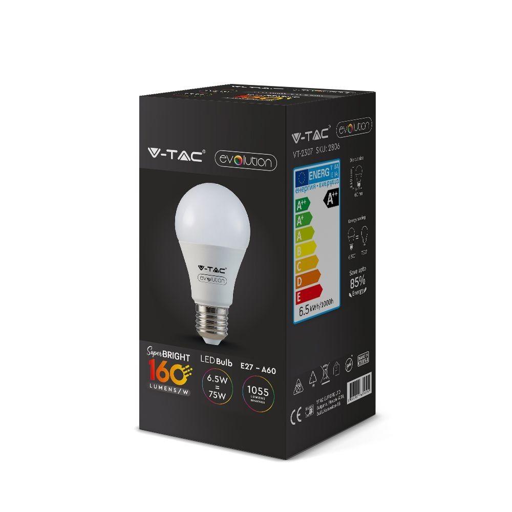 VT-2307 6.5W A60 LED PLASTIC BULB 4000K E27(160LM/WATT)