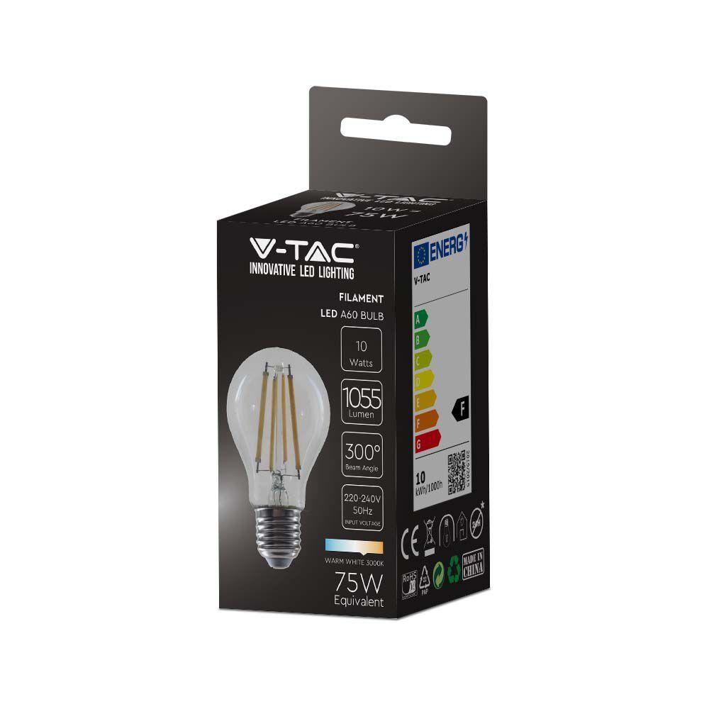 10W A60 Żarówka LED Filament, Klosz Transparentny, Barwa:4000K, Trzonek:E27, VTAC, SKU 214411