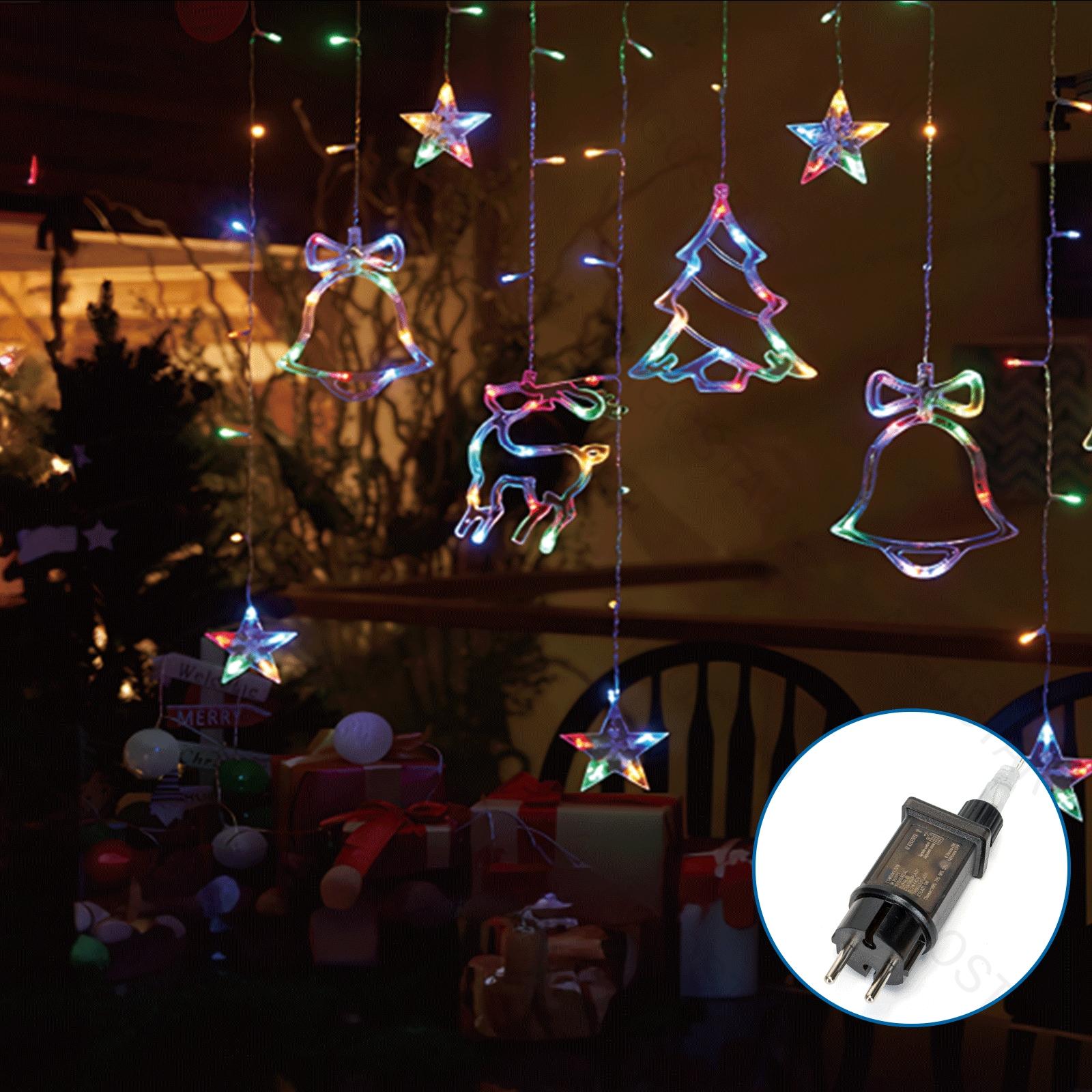 Tandem curtain Solar Icicle(Wave) Flat String Lights Bell deer Christmas tree pendant-RGBY-3M+3M*0.6M-120LED-12string 60.50.30-transparent wire-8blink+time with control+IP44