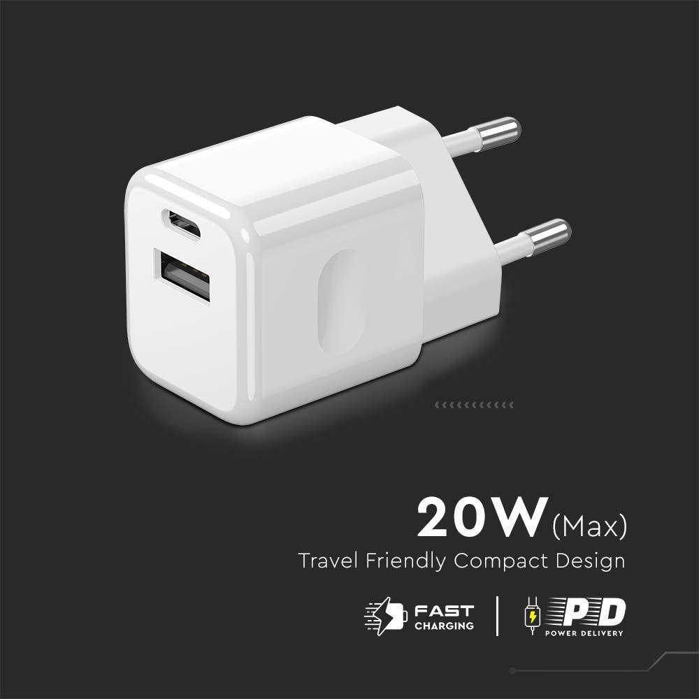 VT-5320 20W CHARGING ADAPTER 1 PD+1 QC PORT WHITE