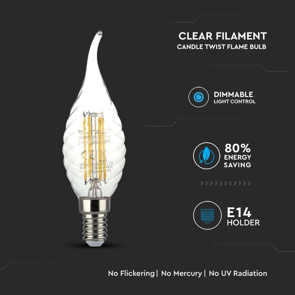 4W TWIST CF37 Żarówka LED Filament, Barwa:2700K, Ściemniana, Trzonek:E14, VTAC, SKU 4388