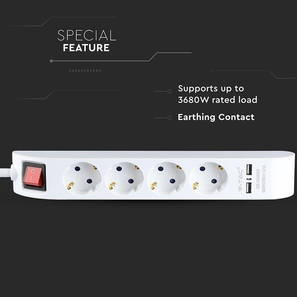 VT-1144-2 4 WAYS SOCKET WITH 2 USB PORTS(3G1.5MMX1.4M)-WHITE